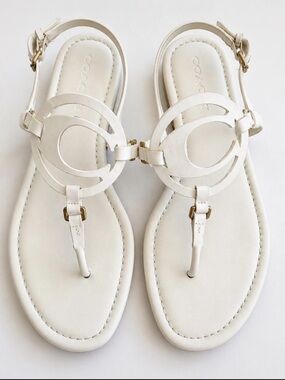 Coach White Leather Thong Sandals Size 11 / 41.5 EU Logo Strap